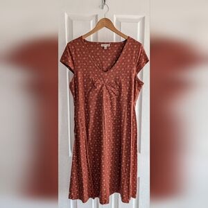 Toad&Co XL Dress – Rust Print, Short Sleeve, V-Neck, Eco-Friendly A-Line